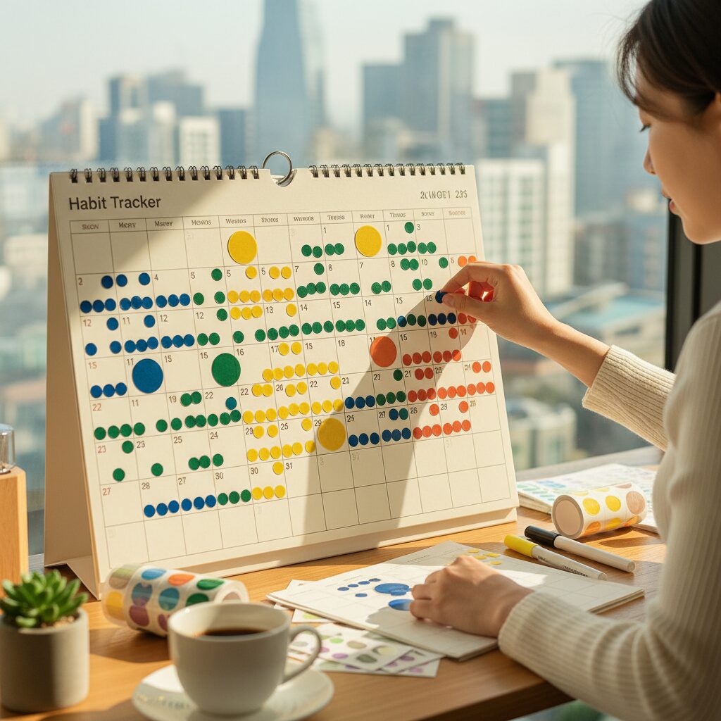 다양한 색깔의 스티커로 채워진 습관 트래커 달력 사진
