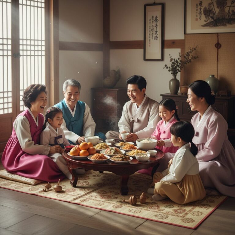 설날에 웃으며 함께 있는 가족의 모습
