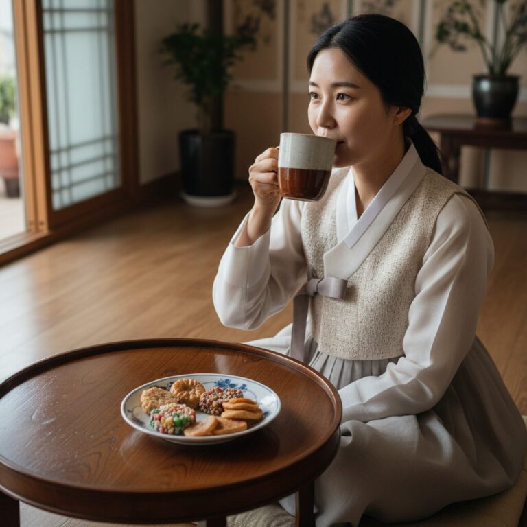 식혜 대신 보리차를 마시는 모습과 작은 접시에 담긴 음식 사진