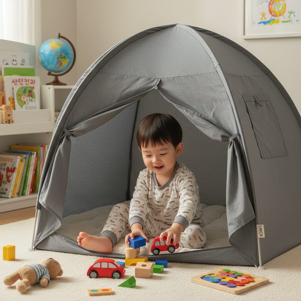 아이방에 설치된 그레이색 난방텐트 안에서 아이가 장난감을 가지고 놀고 있다