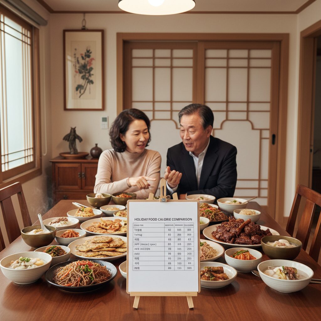 명절 음식 칼로리 비교 표가 있는 테이블 사진