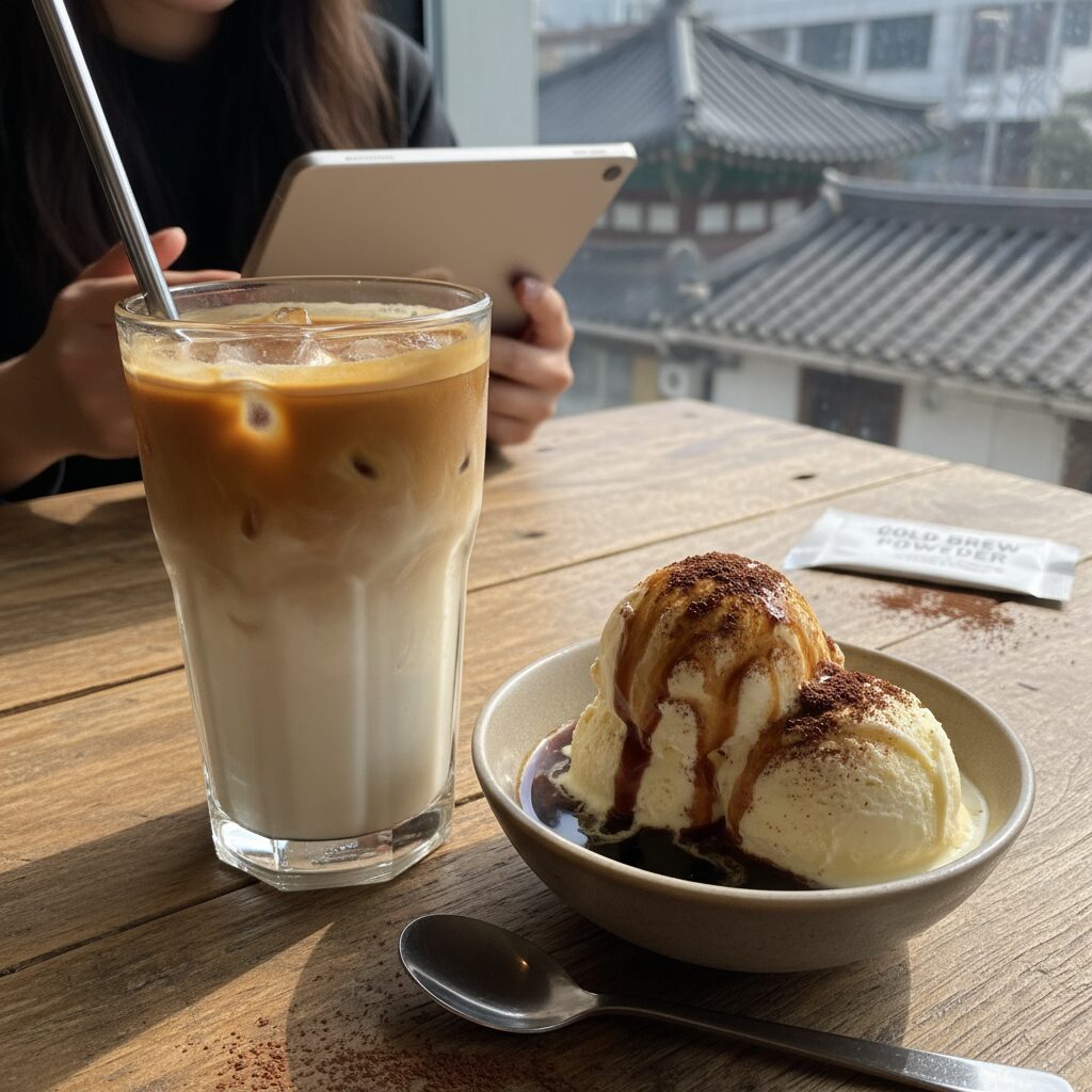 분말 콜드브루로 만든 라떼와 아포가토