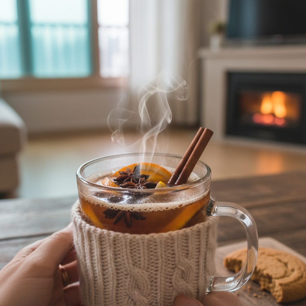 집에서 직접 만든 따뜻한 뱅쇼 컵에 계피 스틱이 꽂혀 있음
