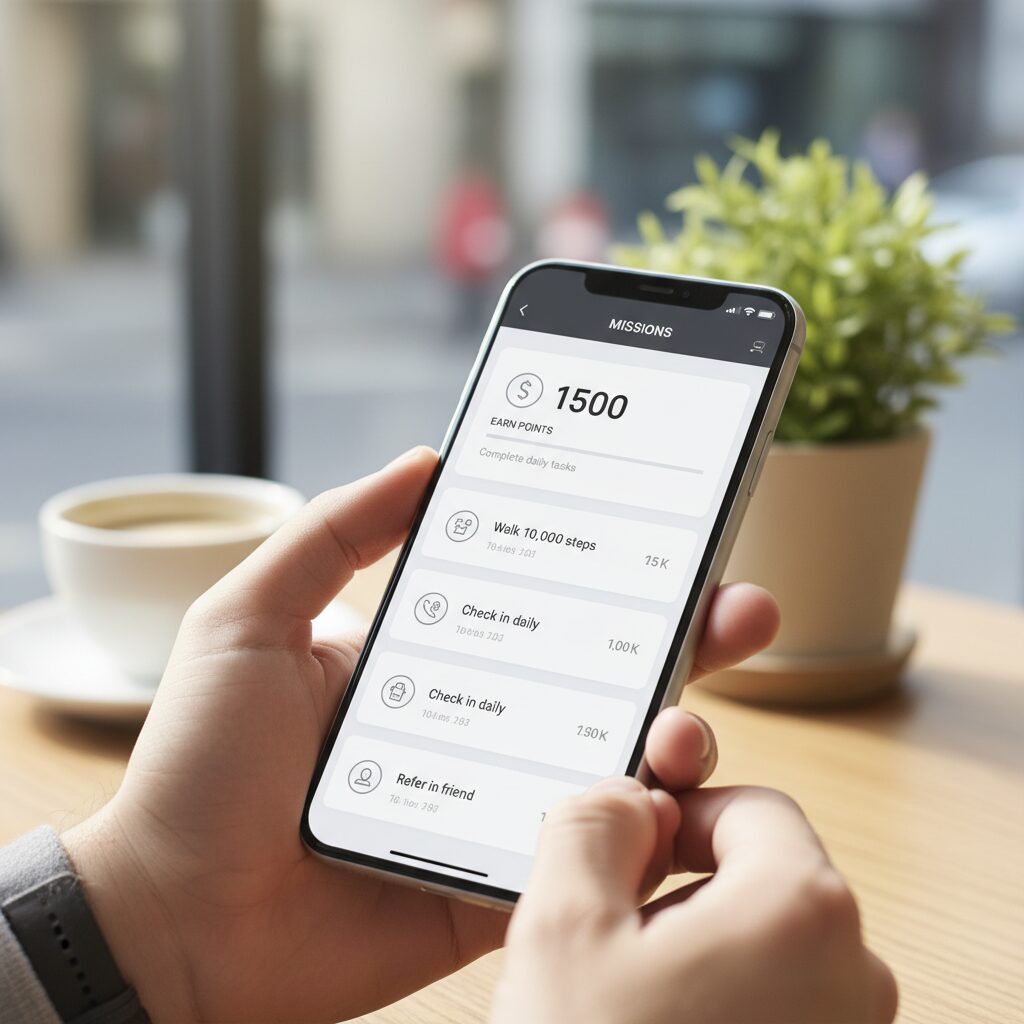 H.Point 앱의 미션 화면을 보여주는 스마트폰