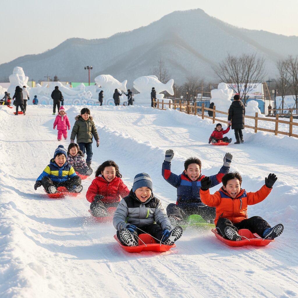 화천 산천어축제 눈썰매장에서 즐거워하는 아이들