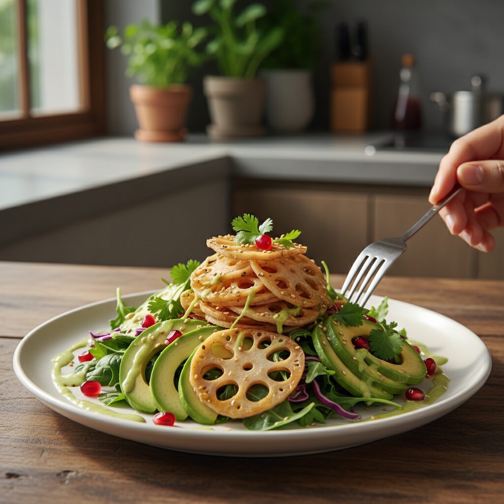 아보카도와 연근 샐러드가 접시에 예쁘게 담긴 모습