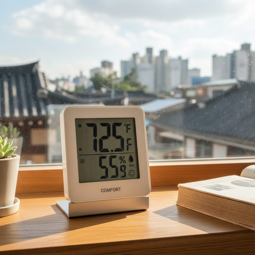 창가에 놓인 디지털 온습도계