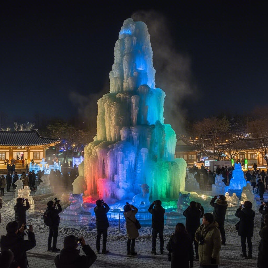 칠갑산 얼음축제 야간 조명이 비치는 거대한 얼음분수