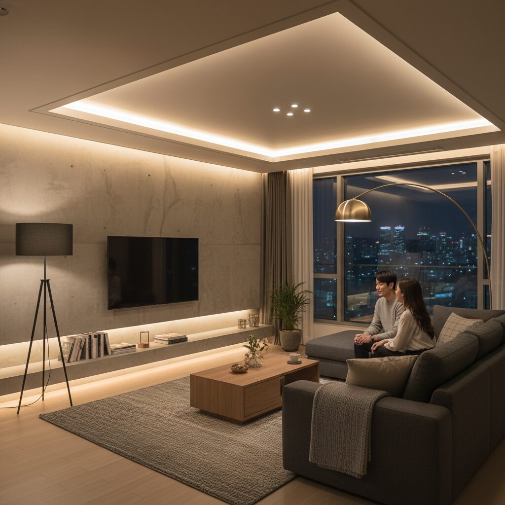 간접 조명과 플로어 램프가 어우러진 모던한 거실 인테리어