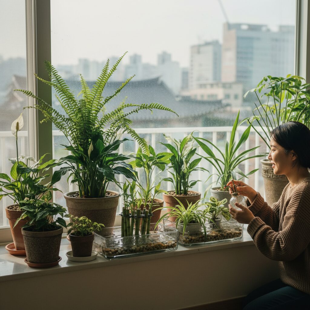 창가에 모아둔 다양한 천연 가습 식물들