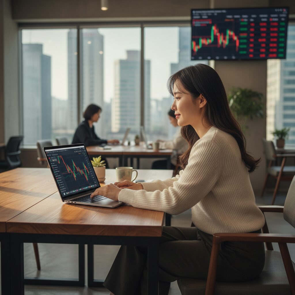 불안한 시장에서 차분하게 노트북으로 포트폴리오를 점검하는 여성