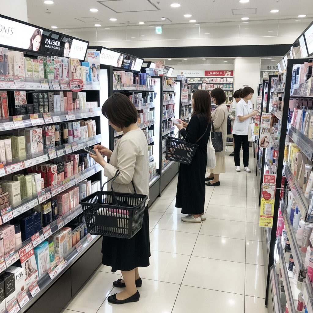 일본 약국 내 화장품 코너에 진열된 다양한 제품들