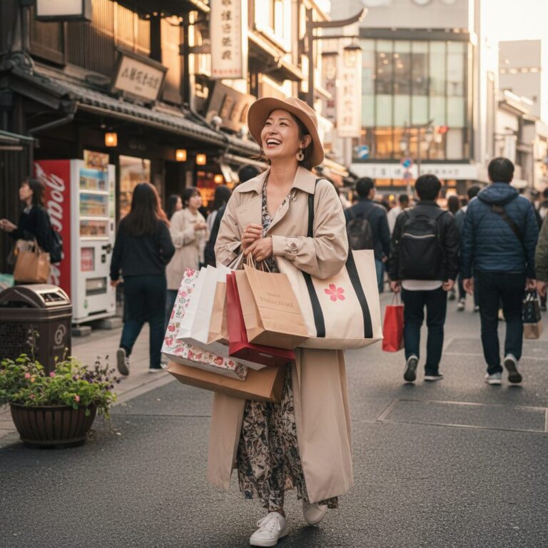 일본에서 쇼핑을 마치고 가방을 들고 행복해하는 모습