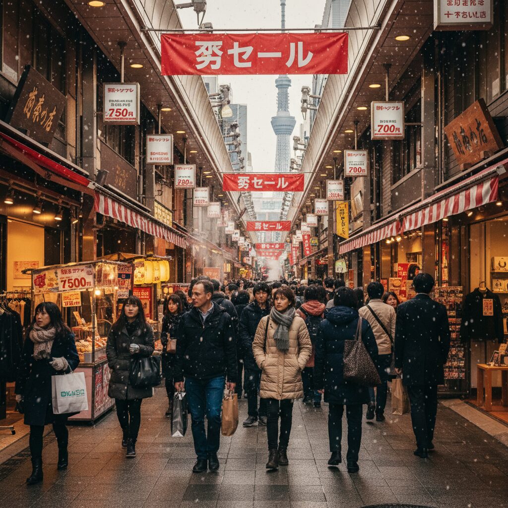 일본 도쿄 겨울 세일 중인 상점가 거리 풍경