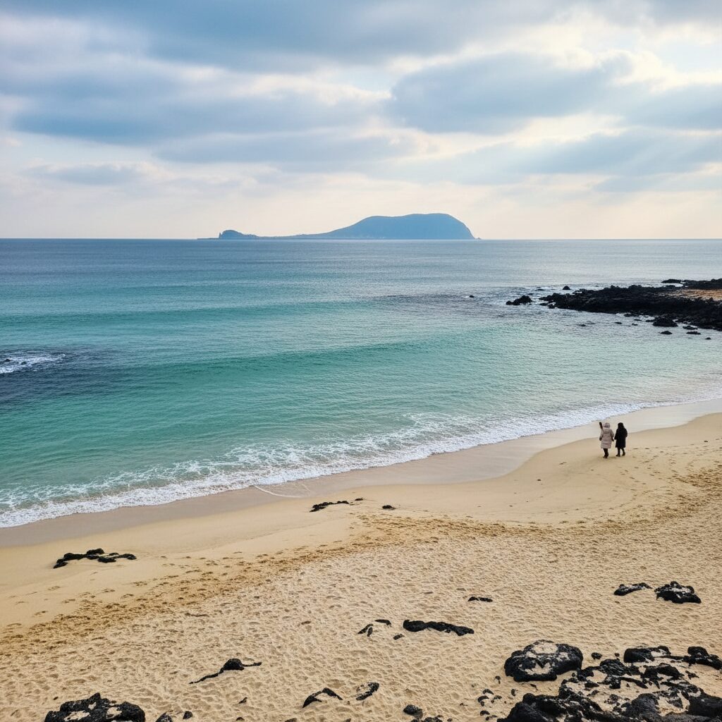 제주 협재 해수욕장 겨울 에메랄드빛 바다와 모래사장