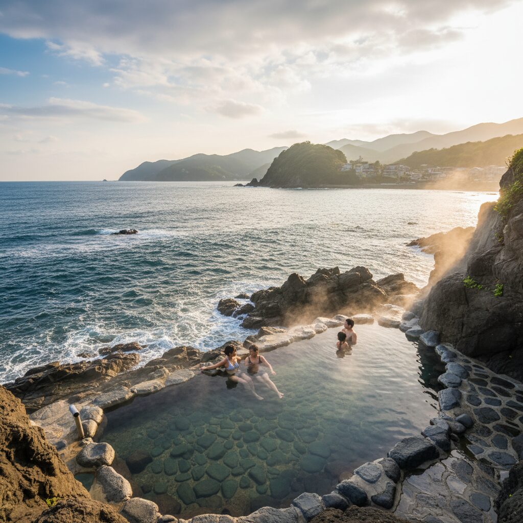 이즈반도 쿠로네 이와부로 바다 위 노천탕 전경