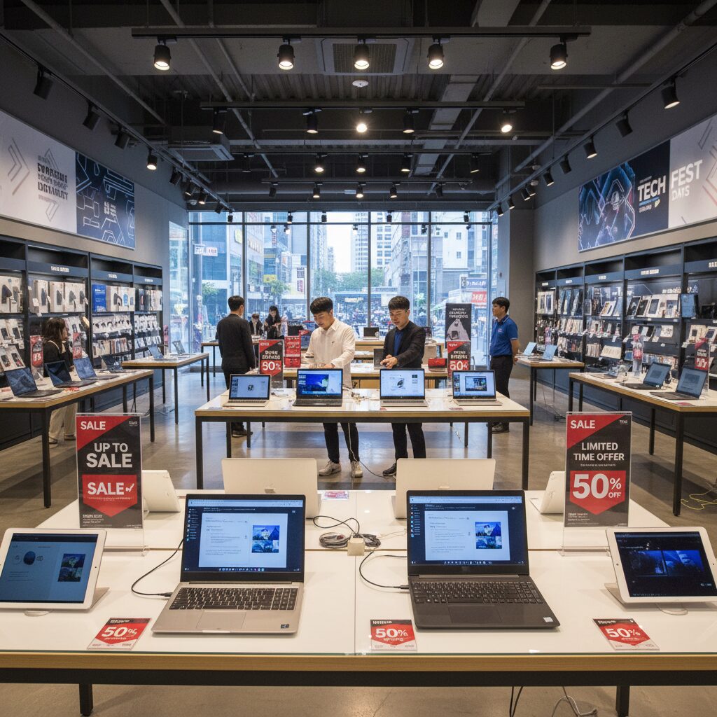 할인 행사 중인 노트북과 태블릿이 진열된 매장 내부
