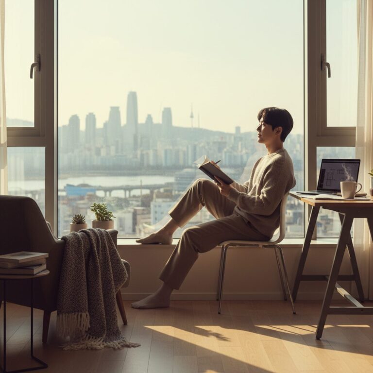 햇살이 비치는 창가에서 미래를 바라보며 계획을 세우는 모습