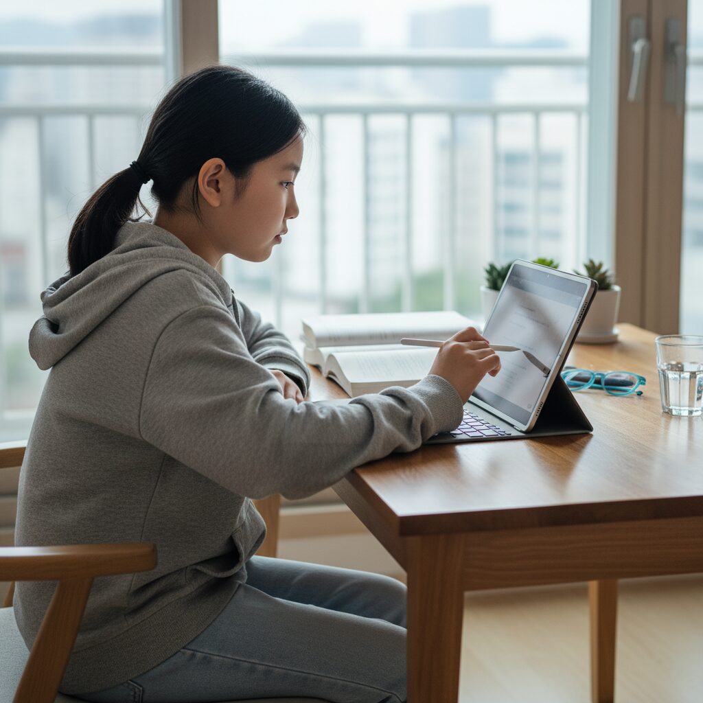 중학생이 태블릿으로 온라인 강의를 시청하는 모습