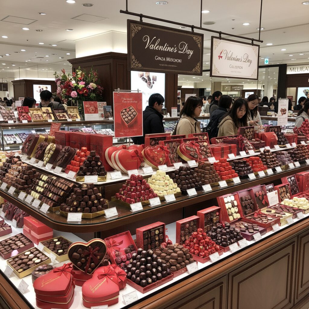 도쿄 긴자 미츠코시 백화점 발렌타인 이벤트장 내 다양한 초콜릿 진열