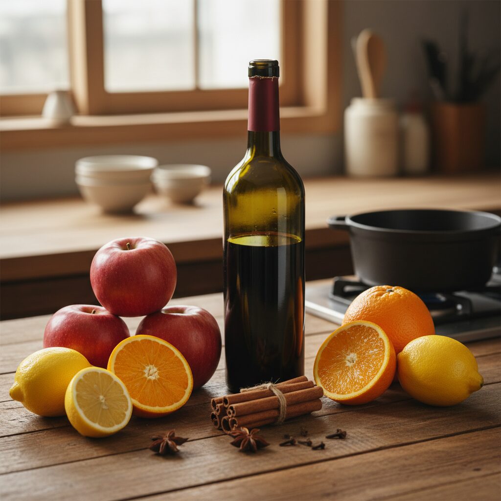 뱅쇼 만들기 재료 사진 레드 와인과 오렌지 사과 레몬 계피 스틱