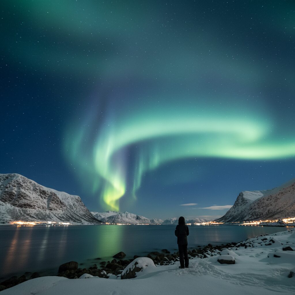노르웨이 트롬쇠 상공에 펼쳐진 푸른 빛의 오로라