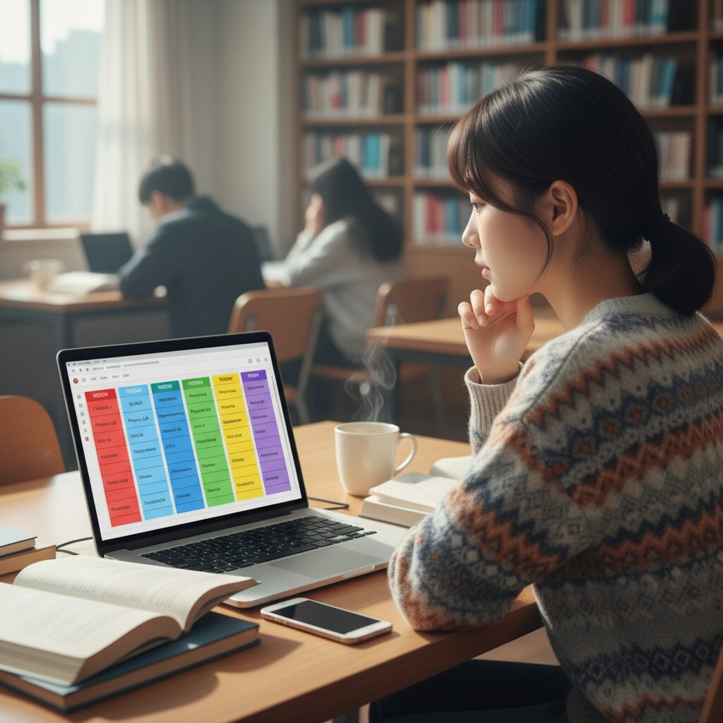 노션으로 만든 컬러풀한 주간 대학 시간표 예시
