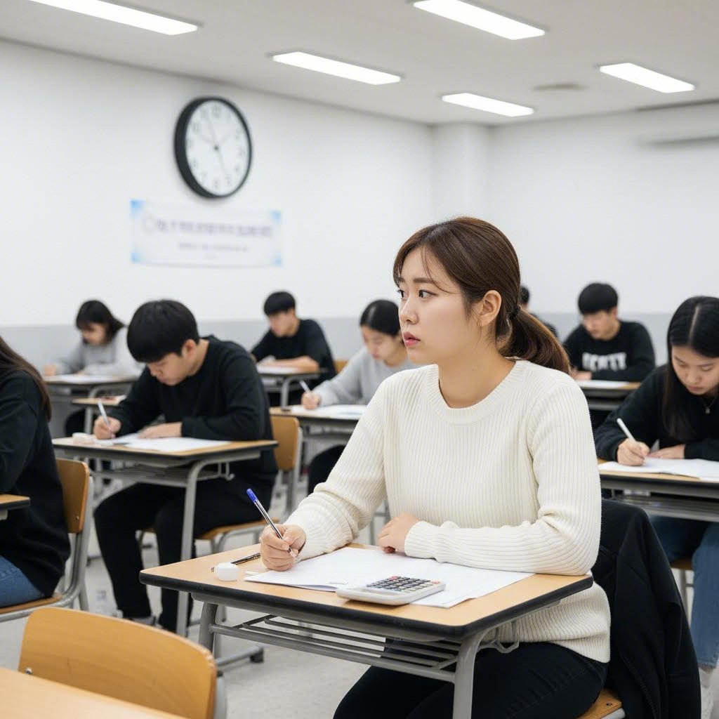 간호사 국가고시 시험장에서 아날로그 시계를 보고 있는 여성 수험생의 모습