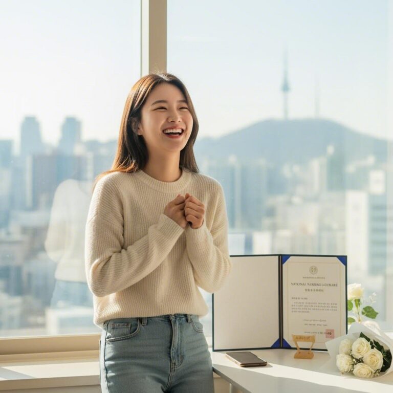 간호사 국가고시 합격을 기뻐하는 젊은 여성 간호사의 미소
