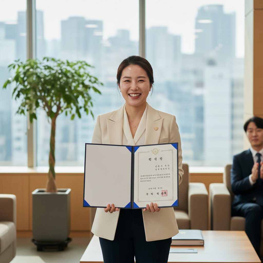 합격증을 들고 미소 짓는 간호직공무원 합격자