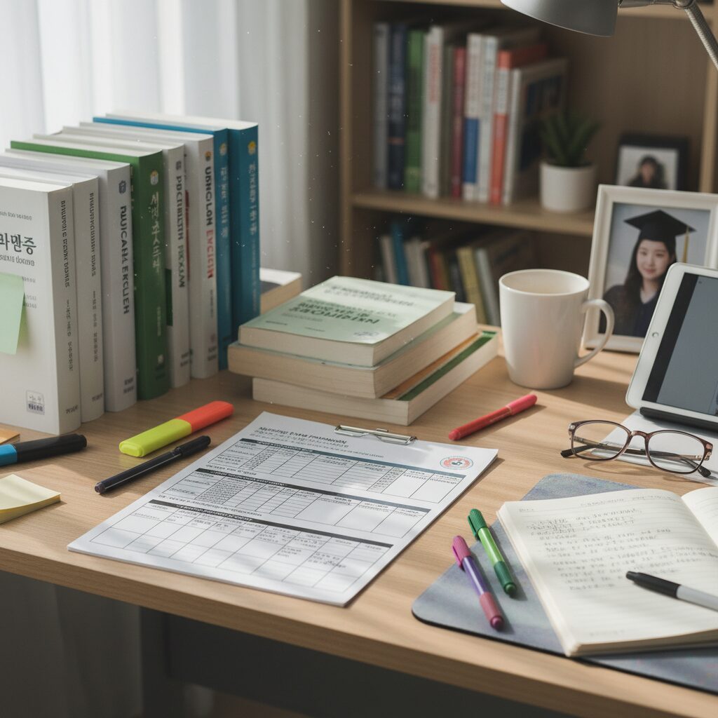 간호직공무원 시험 공부 계획표와 교재가 놓인 책상