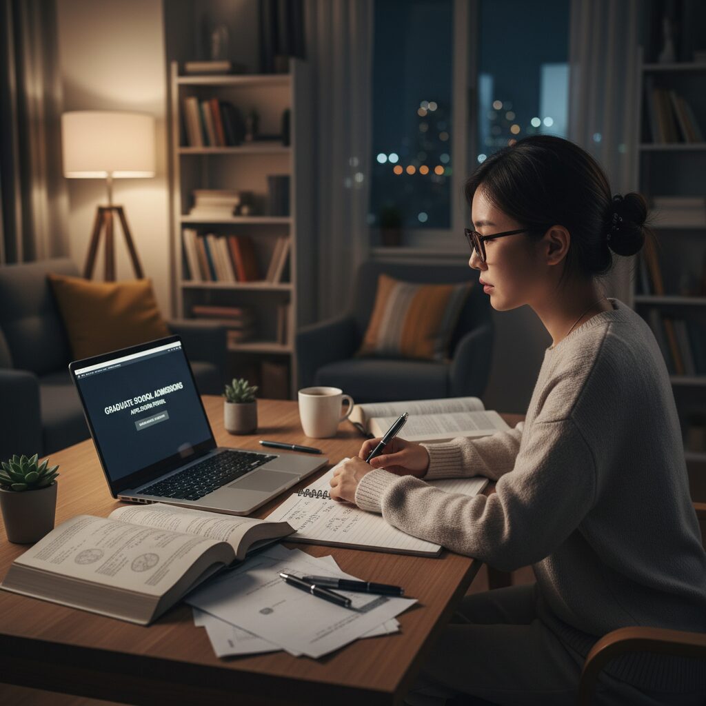 집에서 노트북으로 야간대학원 준비를 하는 직장인 여성