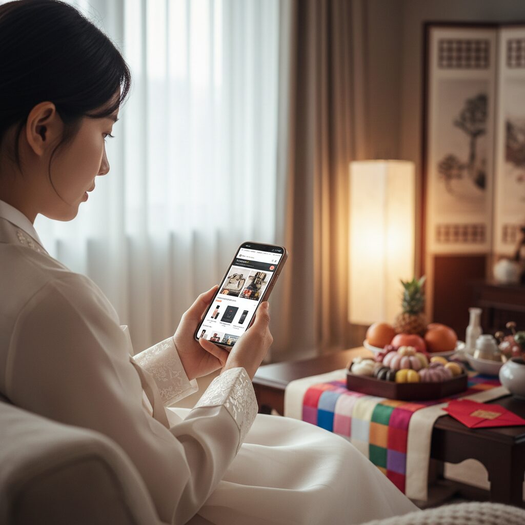 설날에 휴대폰으로 백화점 온라인 쇼핑을 하는 모습