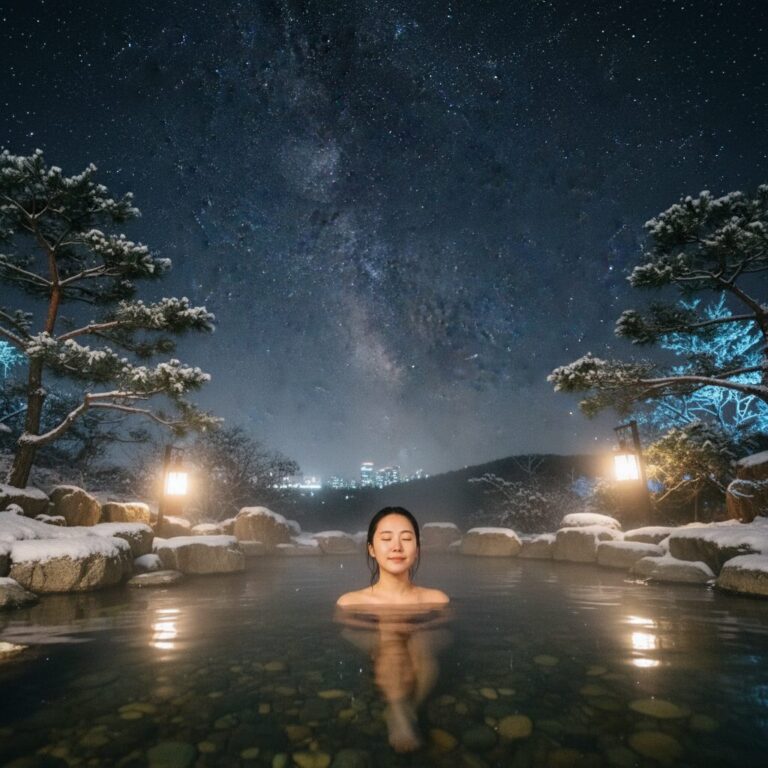겨울 밤 야외 노천탕에서 따뜻한 물에 몸을 담근 모습과 위의 별빛