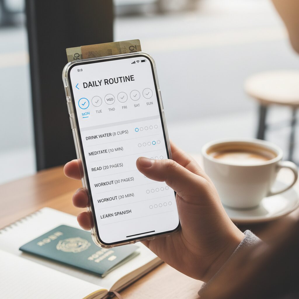 휴대폰 화면에 습관 체크 앱이 실행되어 있는 모습