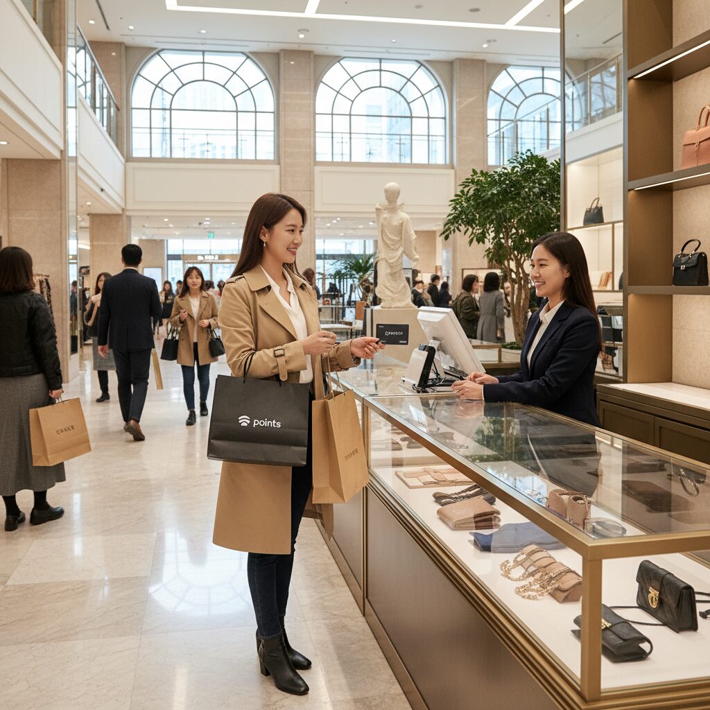 포인트 적립 체크카드로 백화점에서 쇼핑하는 여성