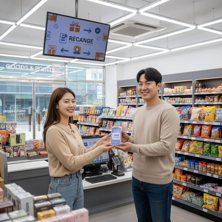 포인트로 상품을 교환하는 모습을 보여주는 매장 내부