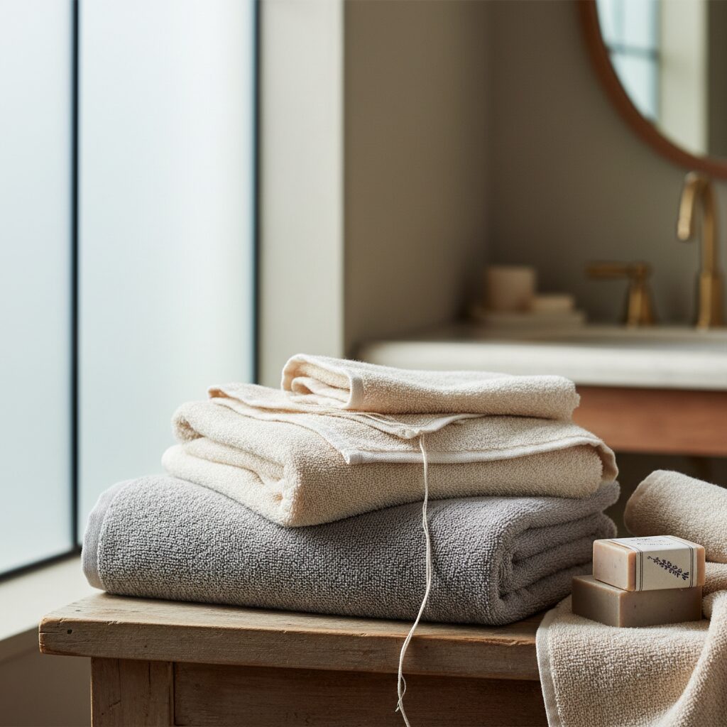 포근한 질감의 고급 수건이 접혀져 있는 모습