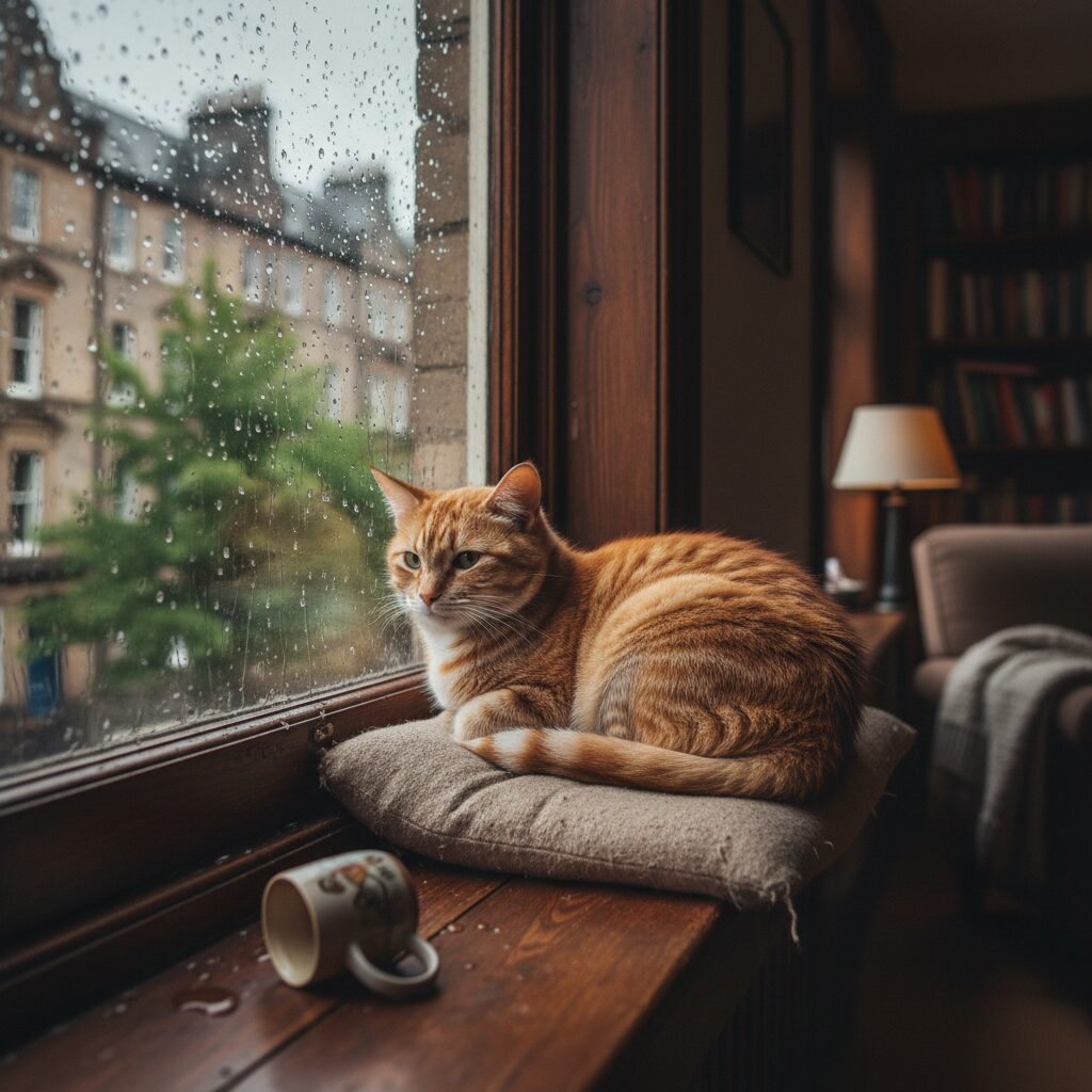 프롬프틀리로 생성된 비 오는 날 창가 고양이 AI 이미지