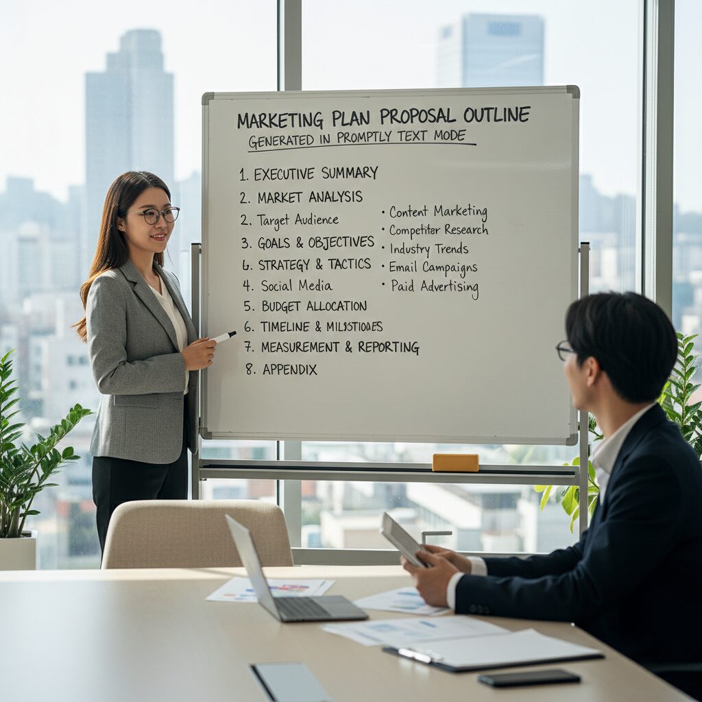 프롬프틀리 텍스트 모드로 생성된 마케팅 기획안 목차 예시