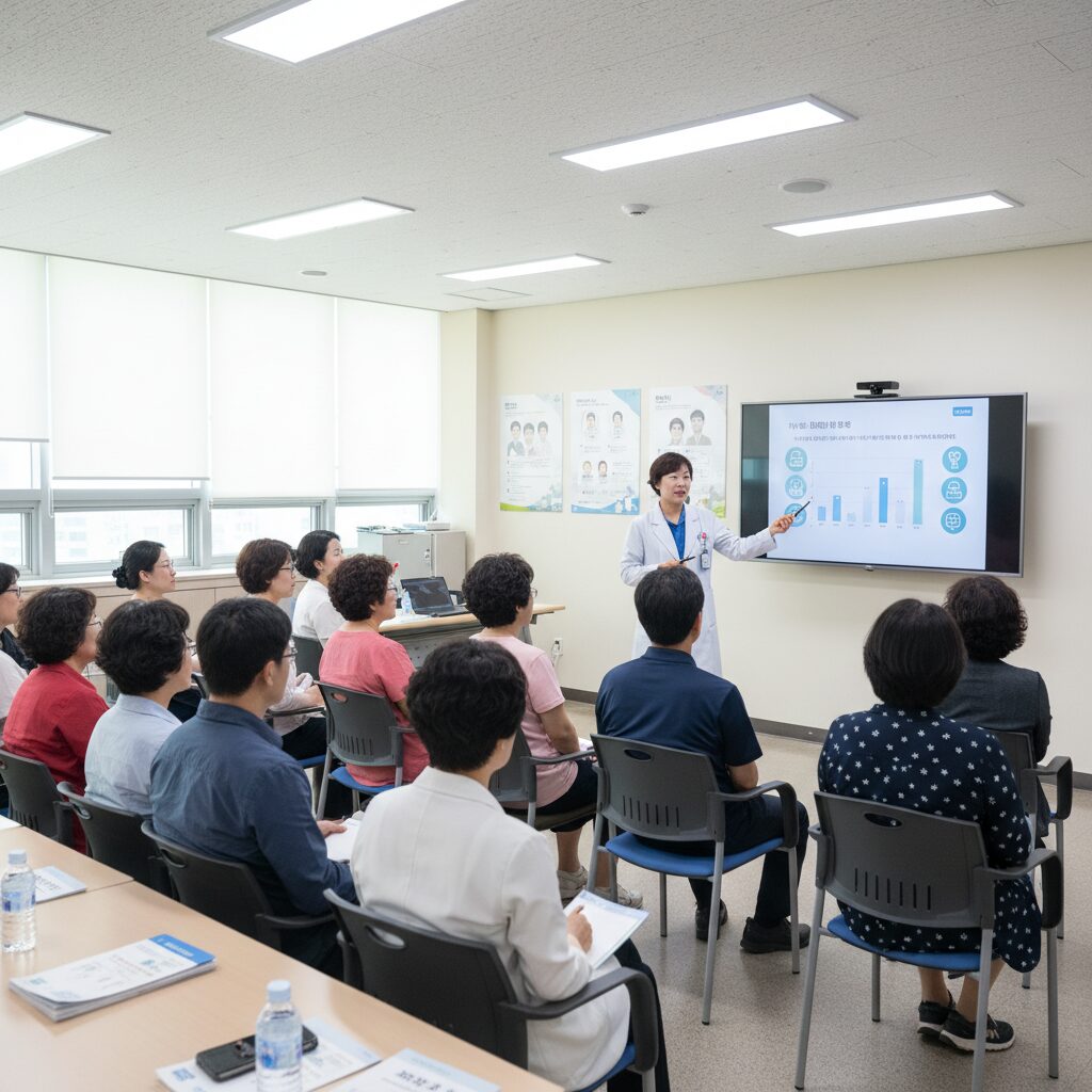 보건소에서 주민에게 건강 교육을 진행하는 간호직공무원