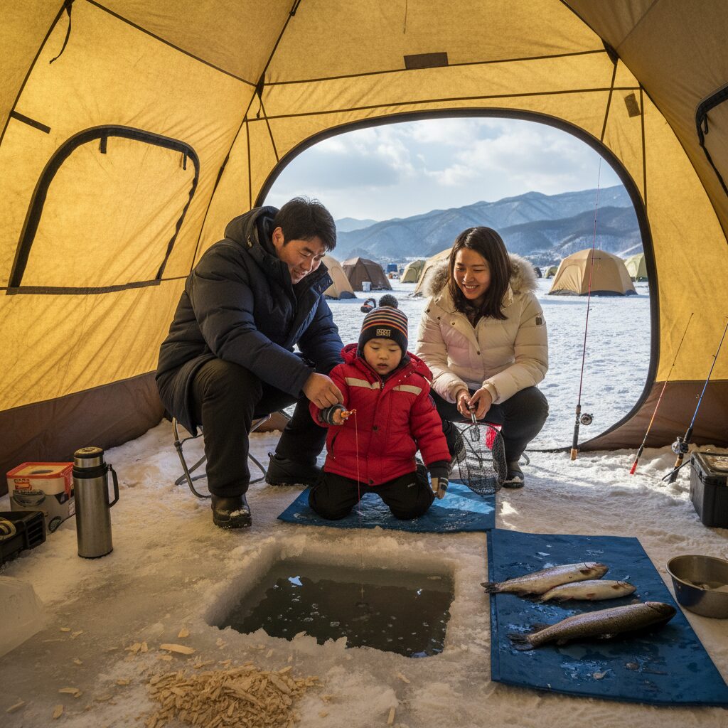 평창 송어축제 텐트에서 얼음낚시 체험하는 모습