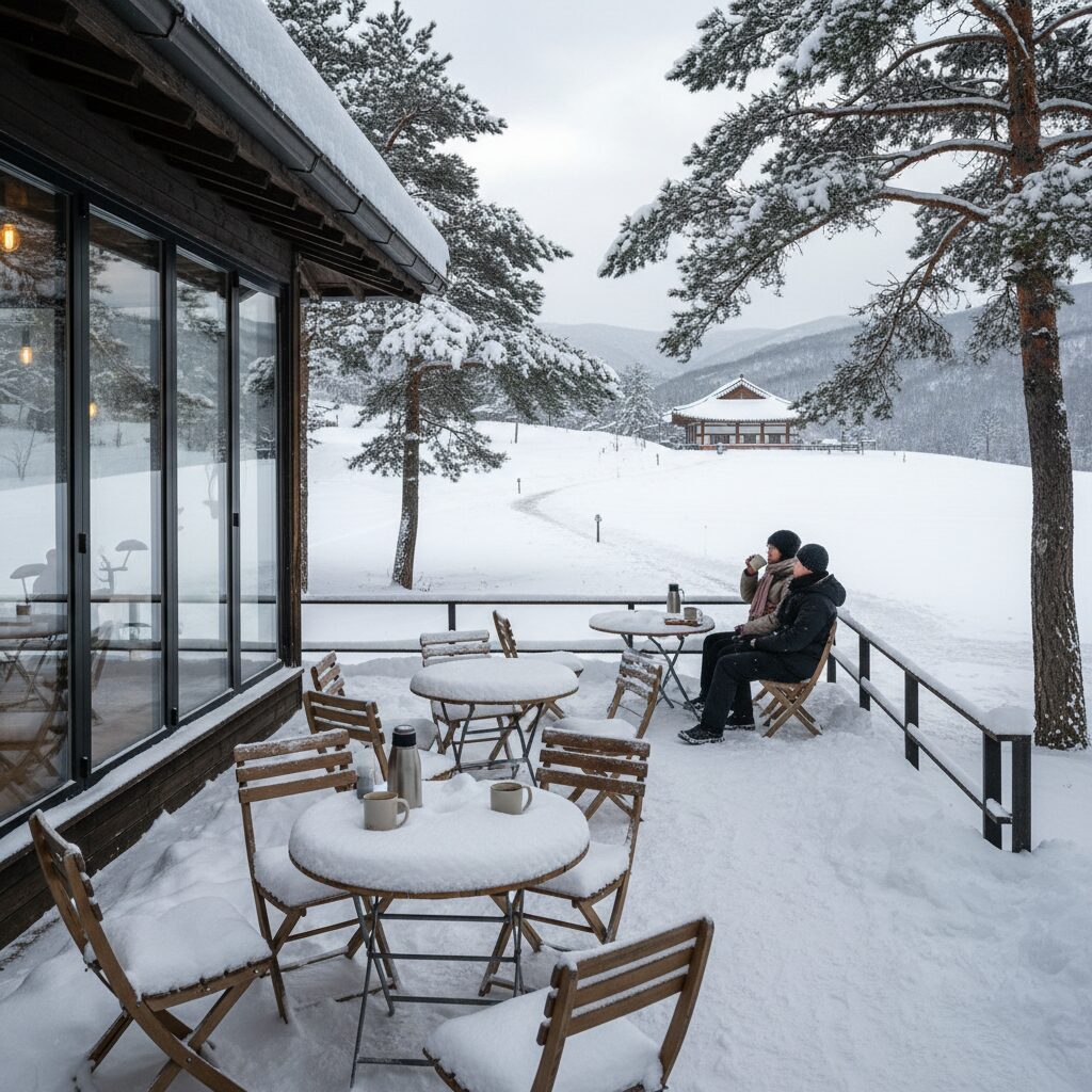 평창 대관령의 눈 덮인 겨울 풍경과 카페 야외 테라스