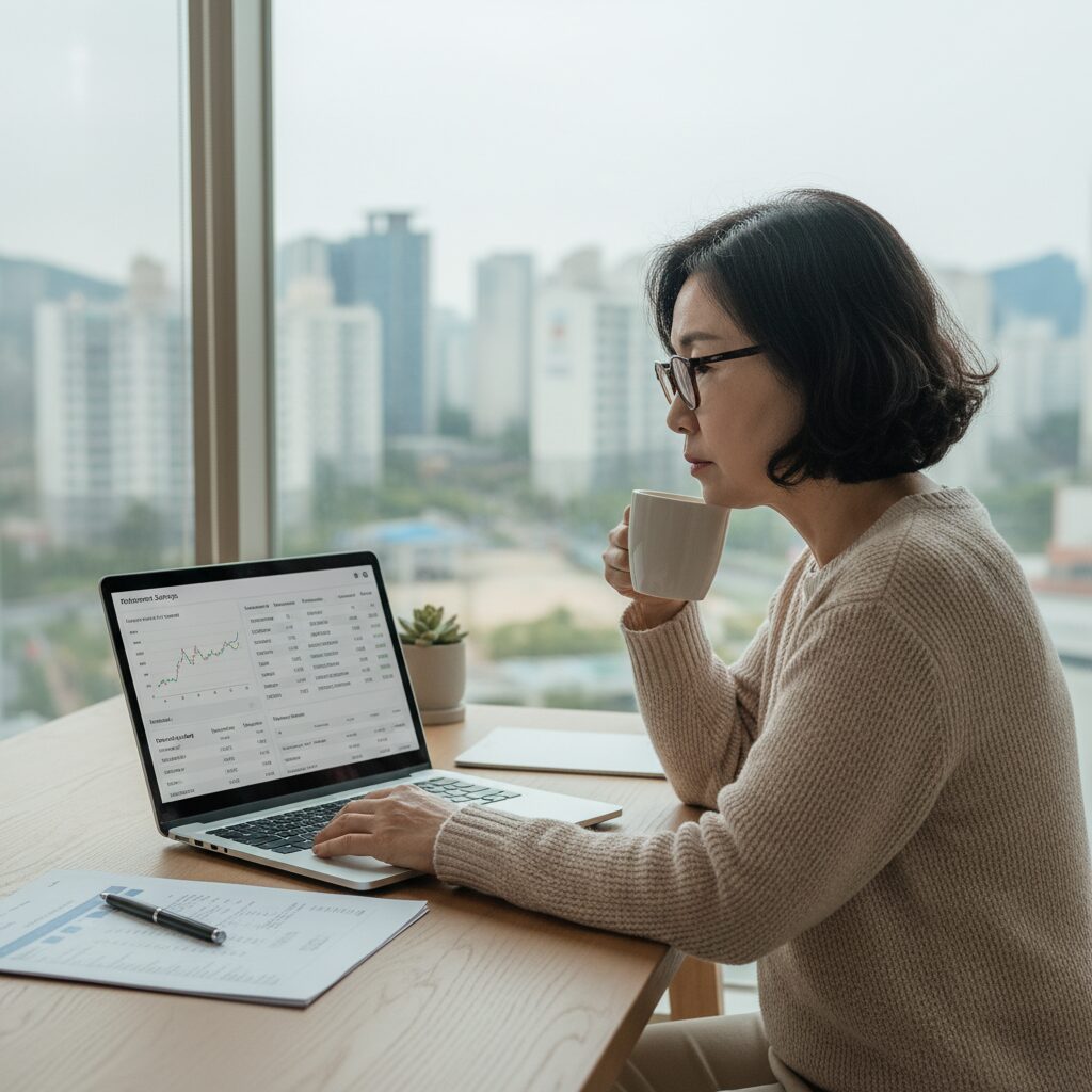노트북으로 퇴직금과 연금 정보를 확인하는 중년 여성