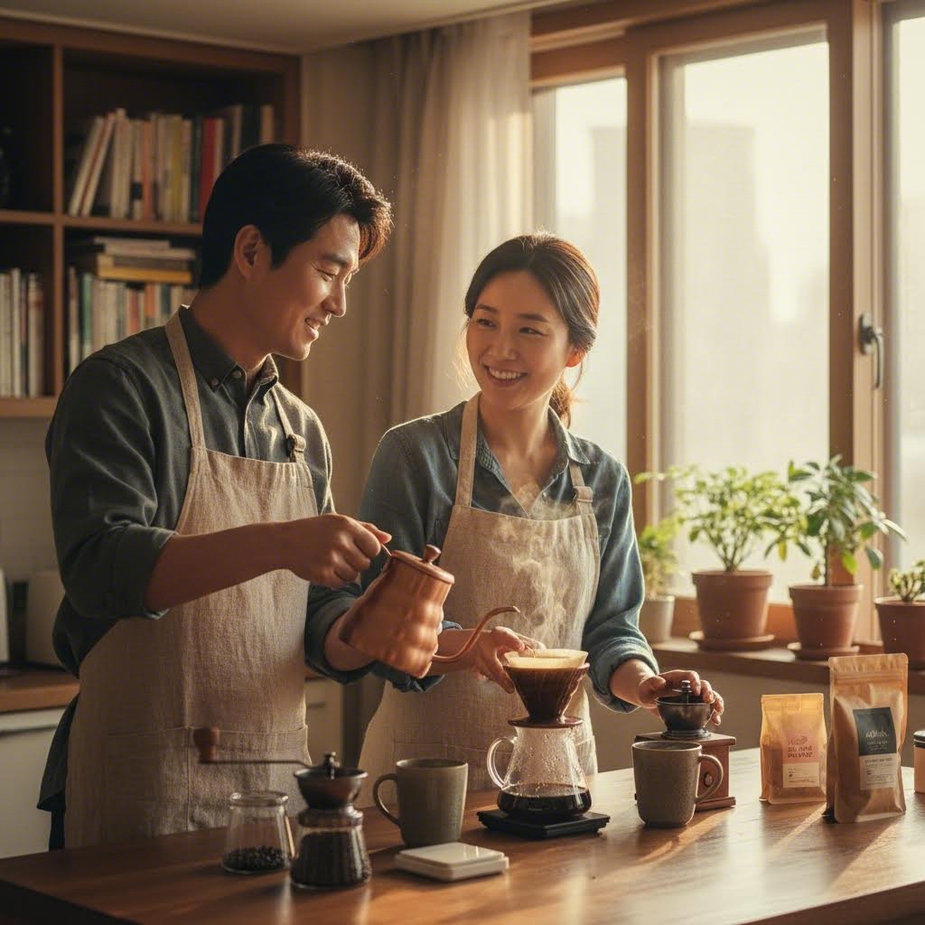 리와인드부부가 함께 커피를 내리며 담소를 나누는 장면