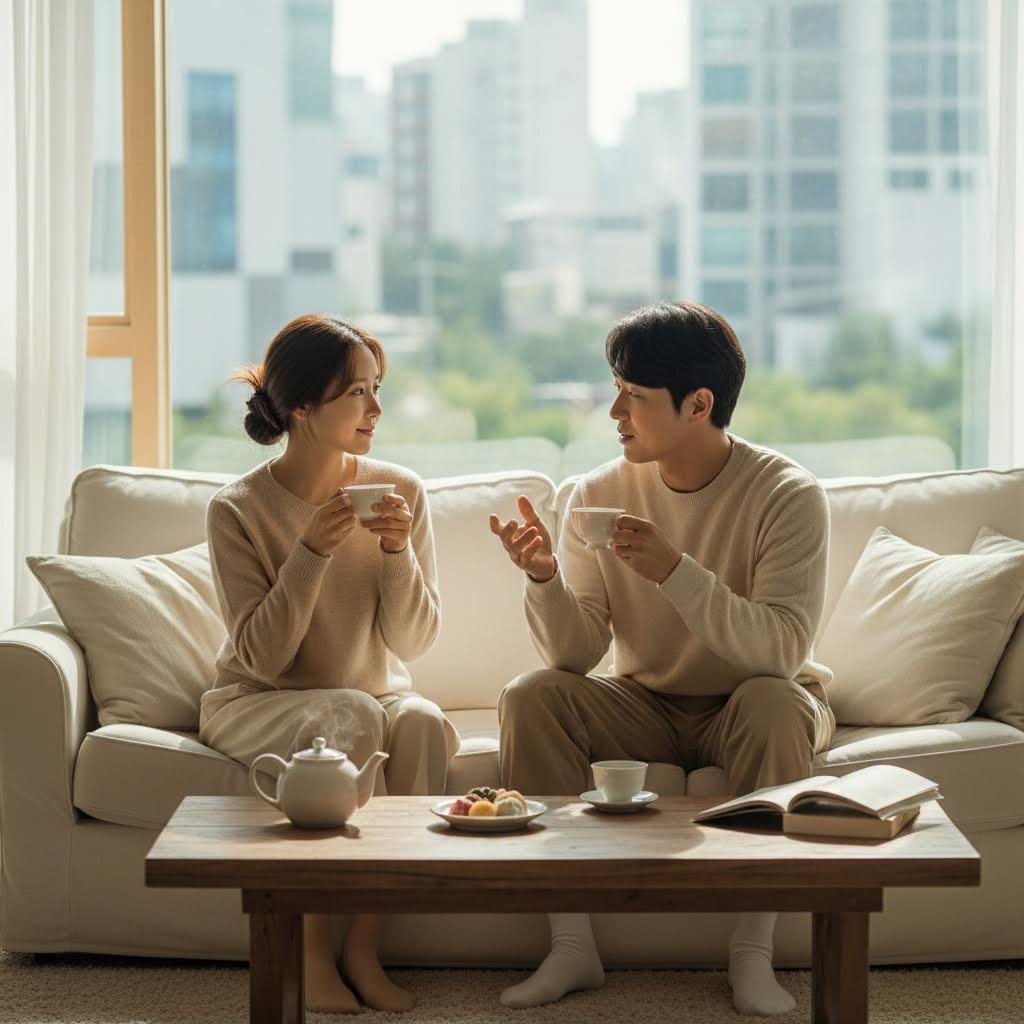 리와인드부부가 집에서 편안하게 차를 마시며 이야기하는 모습