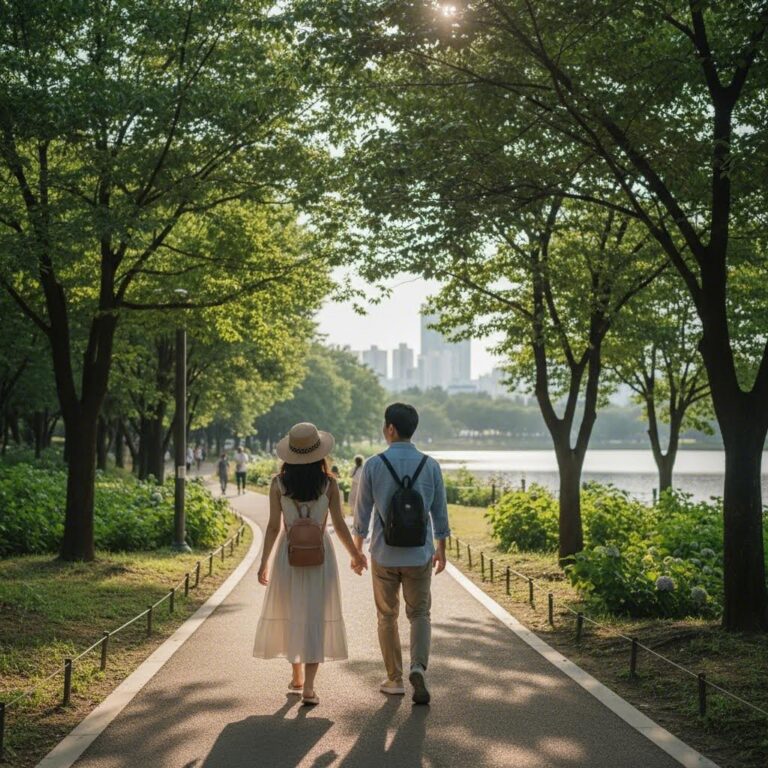 리와인드부부가 공원 산책길을 걷는 뒷모습