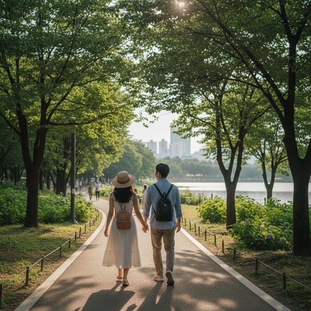 리와인드부부가 공원 산책길을 걷는 뒷모습
