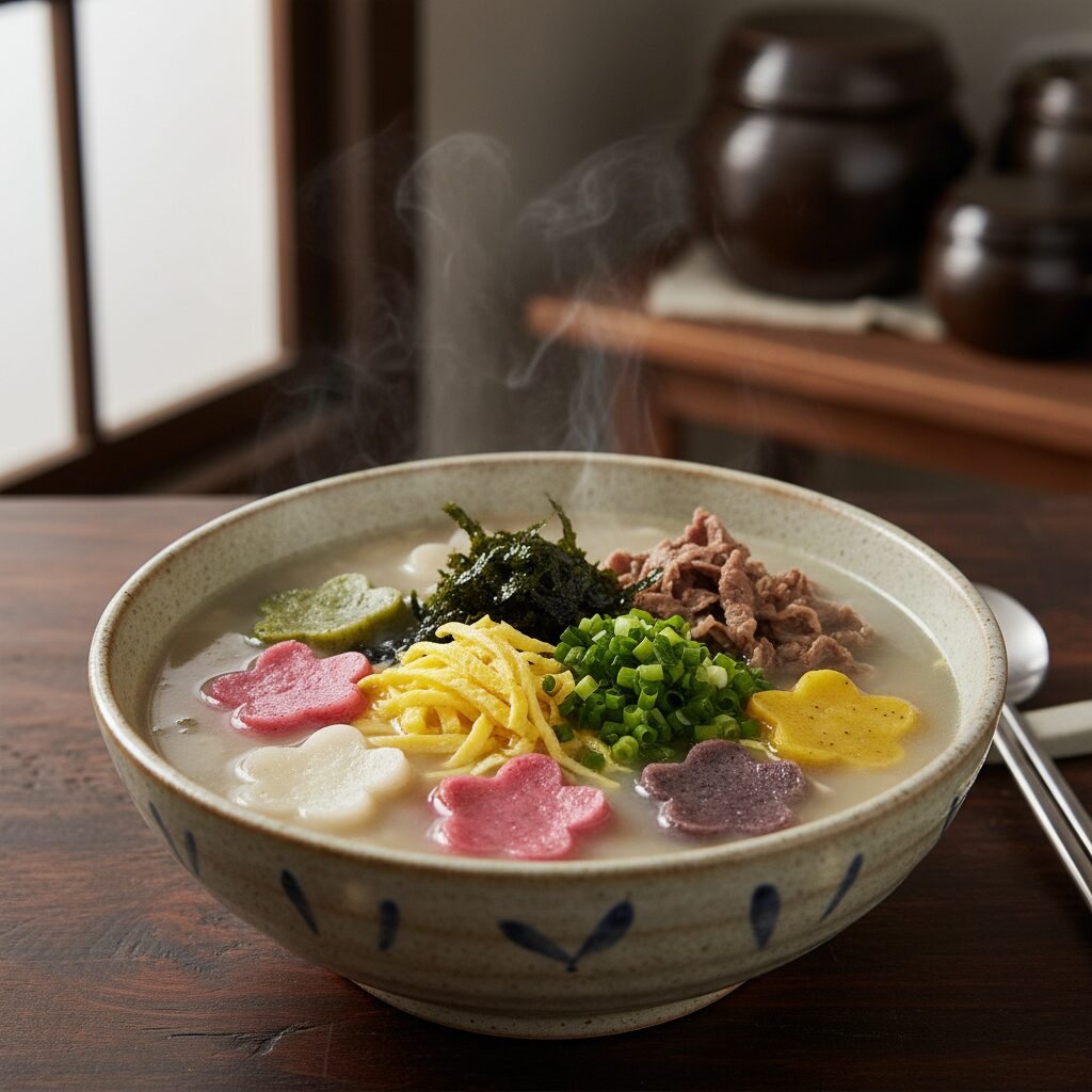 사골육수로 끓인 오색꽃떡국 그릇에 소고기고명 계란지단 김 대파가 올라간 모습