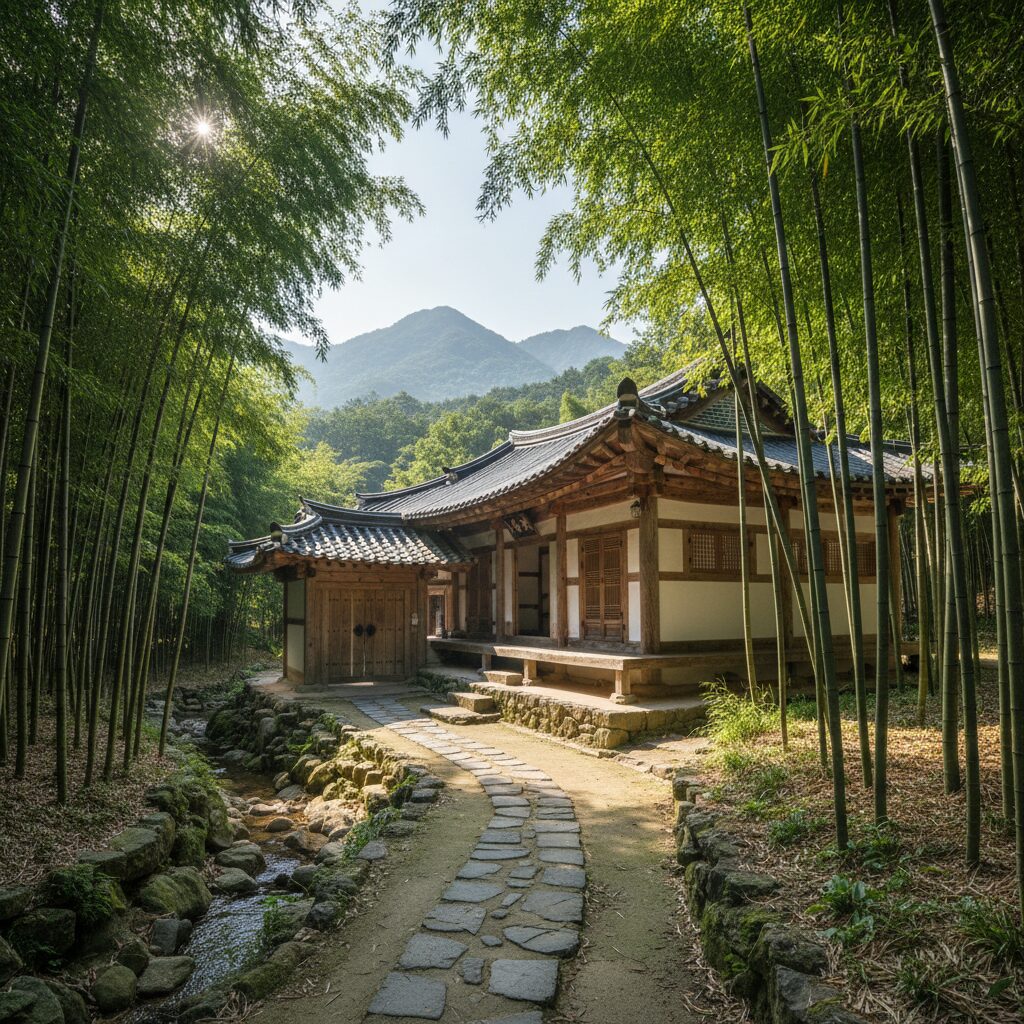 산청에가면 펜션 외관, 지리산 자락의 전통 한옥과 대나무숲 풍경